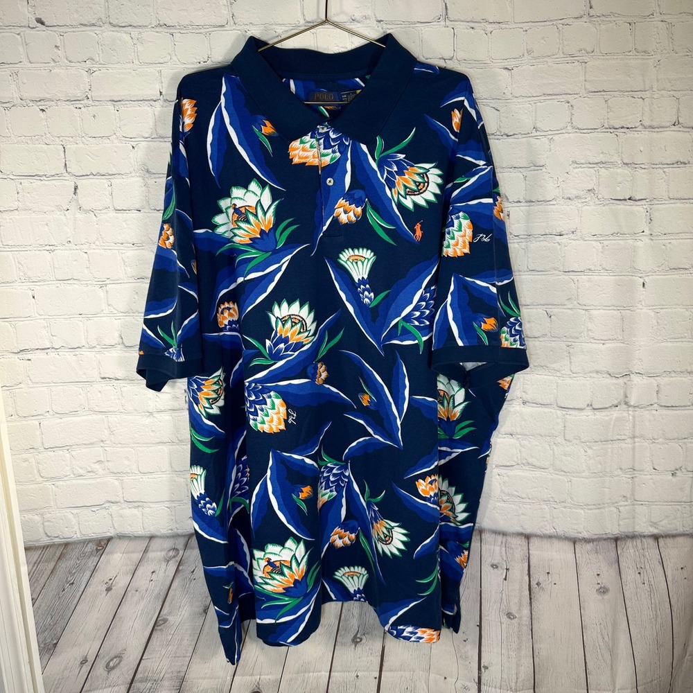 Polo Ralph Lauren Mens 4XB Navy Blue Floral Tropical Mesh Pique Polo Shirt